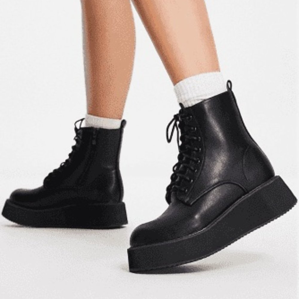 Koi Footwear low ankle lace up platform boots in black